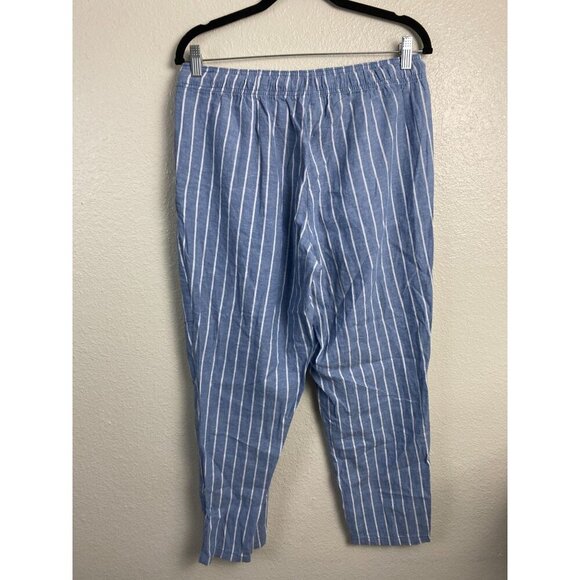 Serra Linen Blend Stripe Blue Womens Pants size Medium Lagenlook Pull on Elastic - Picture 2 of 13